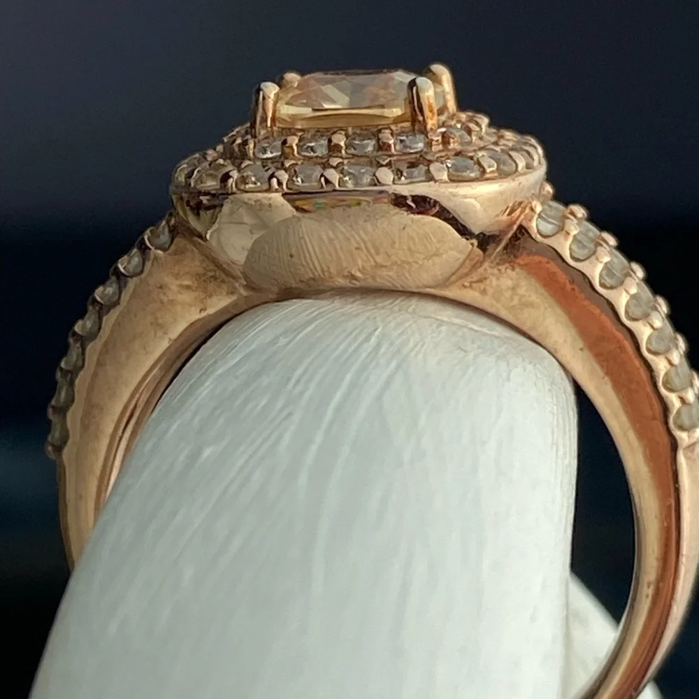 14K Rose Gold Plated Sterling Cushion Cut Champaign Cubic Zirconia Double Halo